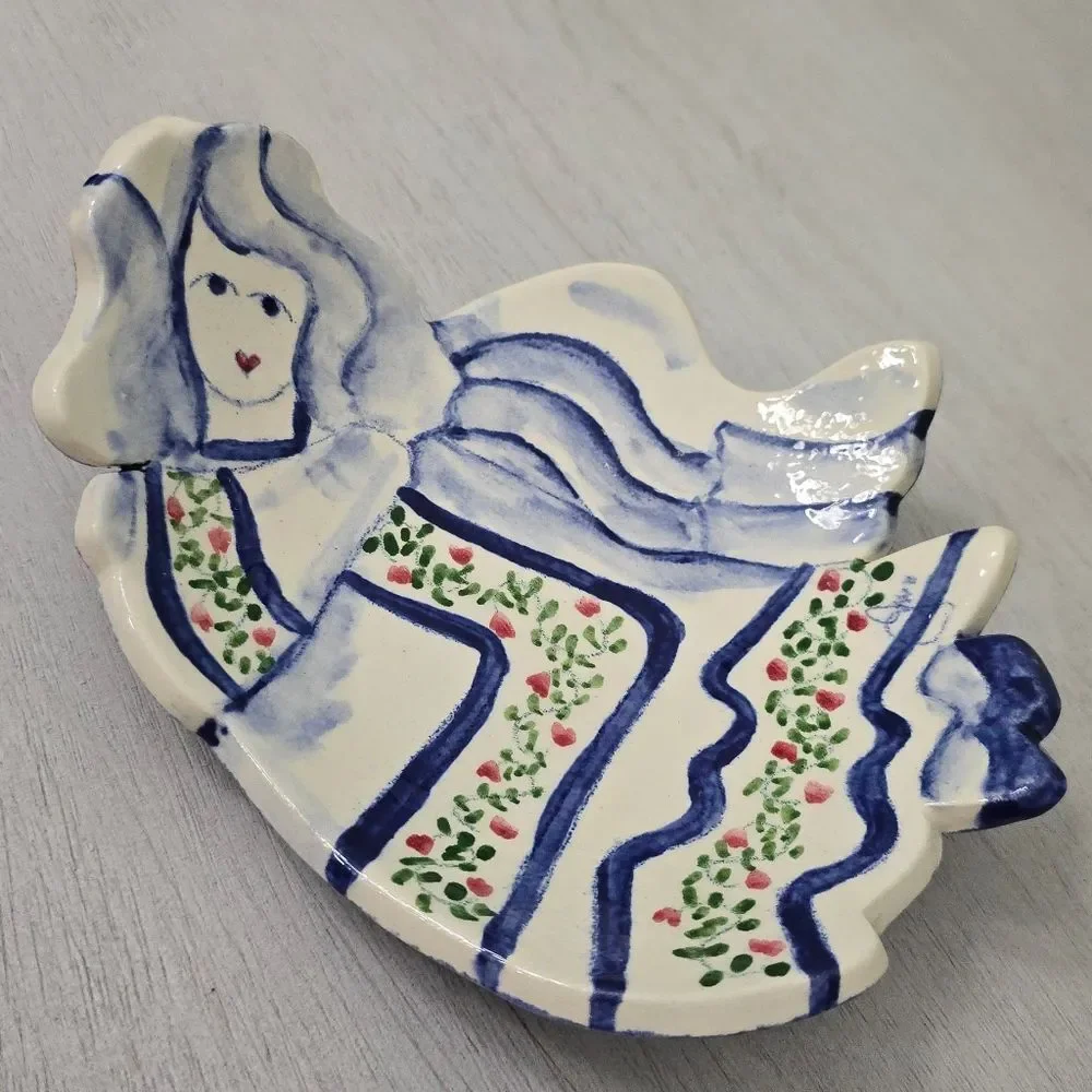 Angel Watercolor Painted Plate Dish White Blue Folk Art Pottery Signed